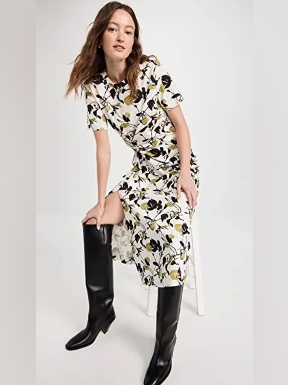 TANYA TAYLOR / Floral Knot-Front Midi Dress in Cream and Olive -Sz L - NWT